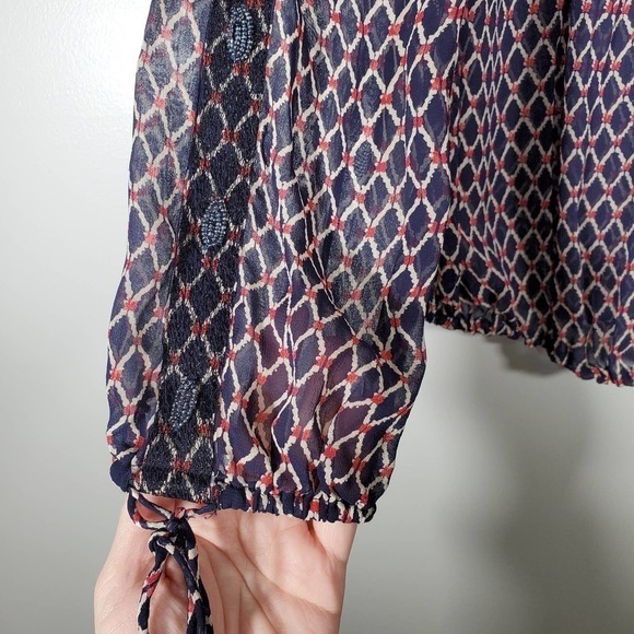 Lucky Brand Diamond Pattern Peasant Top Beaded Navy Red White Size XS - Picture 5 of 11